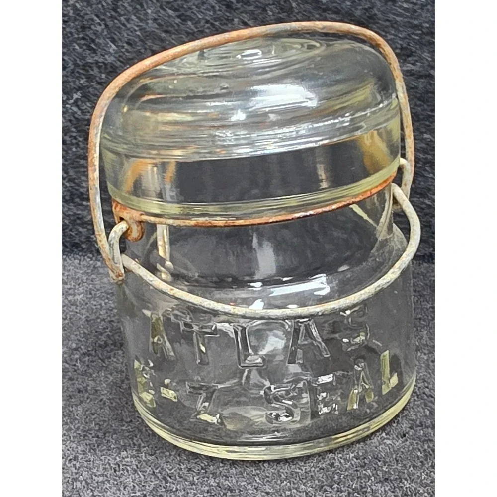 Vintage Atlas E-Z Seal Clear Glass Mason Jar with Lid and Wire Bail Closure